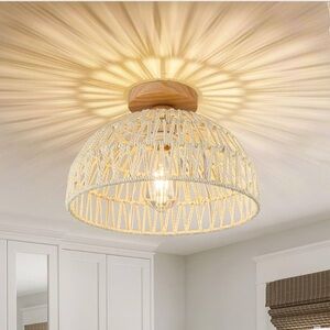 Boho Ceiling Light Fixture Rattan Flush Mount  woven lamp shade
